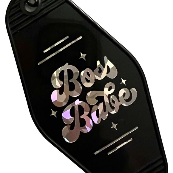 Black Motel Room Style Keychain Holographic print says “Boss Babe” - Picture 2 of 3